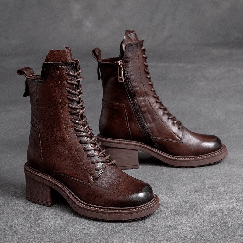Stylish genuine leather ladies boots with lace-up design, perfect for modern casual looks in brown.