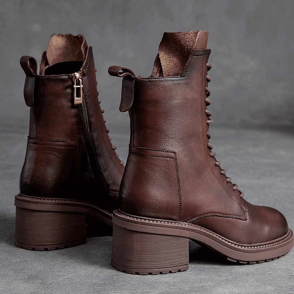 Fashion ladies ankle boots in genuine leather with lace-up detail and chunky heels in brown.