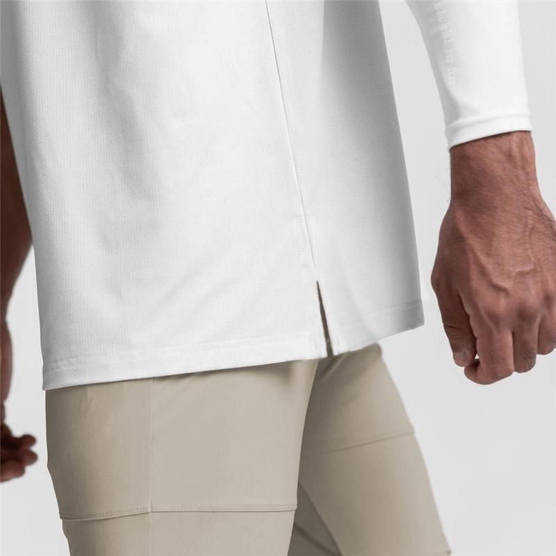 Close-up of a men's white sleeveless tank top showcasing the stylish back slit design for athletic wear.