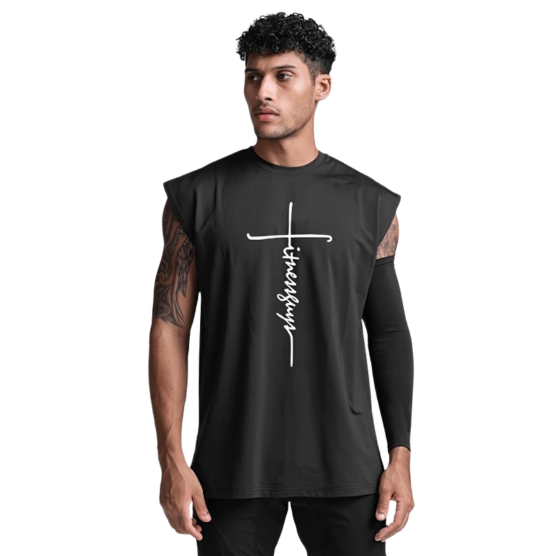 Men's sleeveless black tank top with letter print design, perfect for fitness and bodybuilding activities.