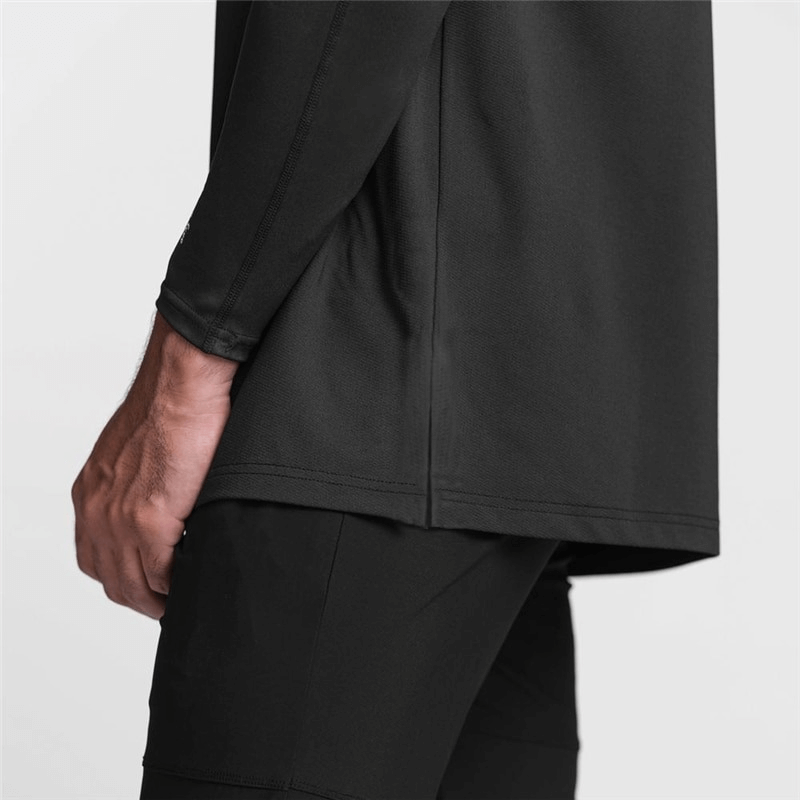 Men's black fitness tank top showing sleeve and side seam design for sporty lifestyle.