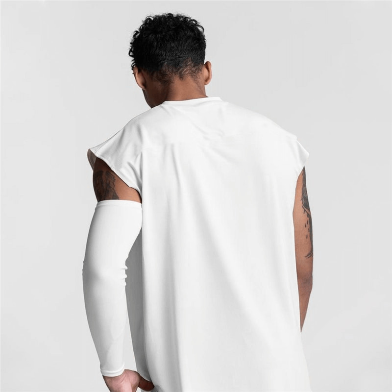 Back view of a man in a sleeveless white tank top showcasing a sporty style and letter print design.