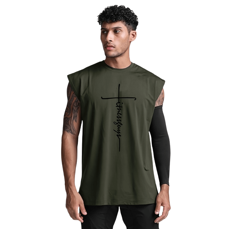 Men's sleeveless tank top in olive green with stylish letter print, perfect for fitness and bodybuilding activities.