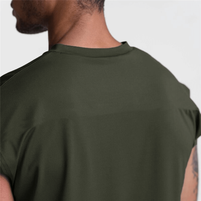 Back view of a men's sleeveless fitness tank top in dark green, showcasing the trendy design and comfortable fit.