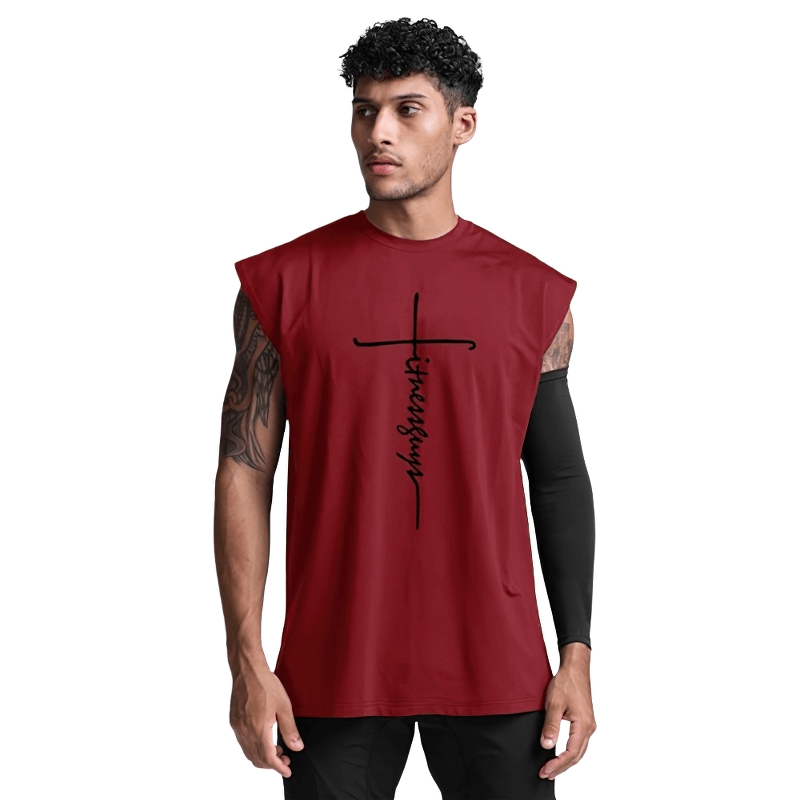 Men's sleeveless red tank top with letter print design, perfect for fitness and bodybuilding style.