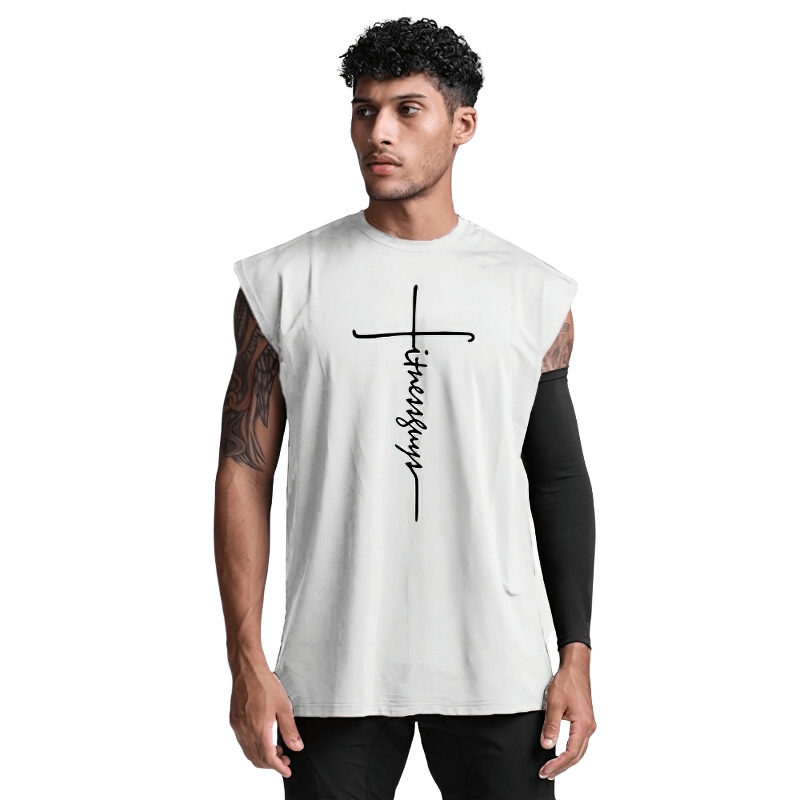 Men's sleeveless fitness tank top with bold letter print design, perfect for bodybuilding and sportswear.