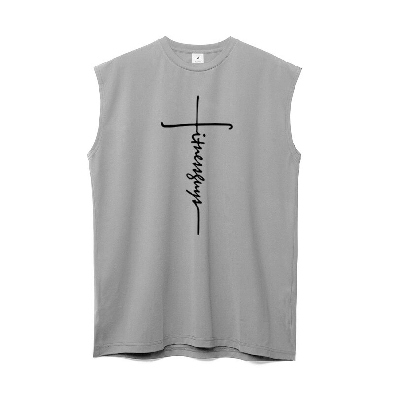 Men's sleeveless fitness tank top in gray with stylish letter print design for sporty looks.