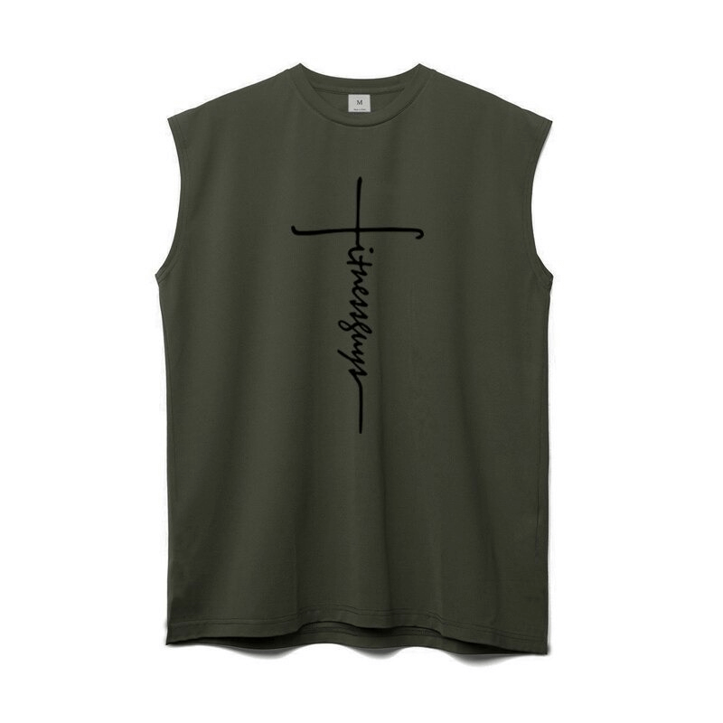 Men's sleeveless fitness tank top in dark olive green with stylish letter print design.