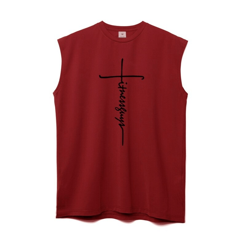 Men's sleeveless red tank top with stylish letter print design for fitness enthusiasts.
