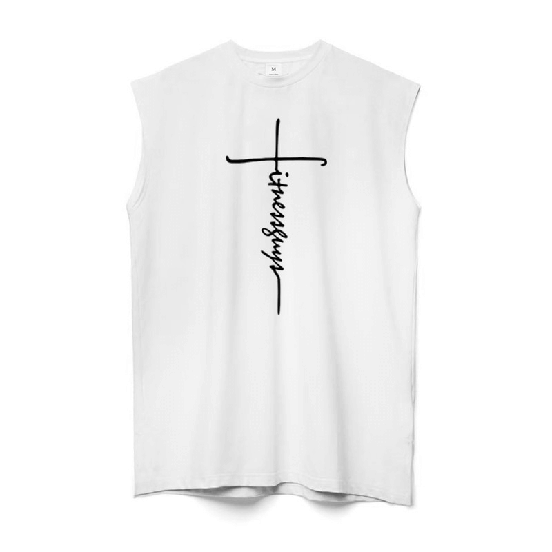 Men's sleeveless white tank top with stylish letter print design, perfect for fitness and bodybuilding.