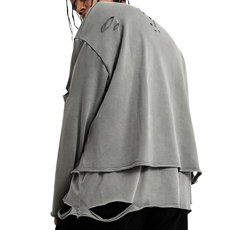 Fashion Loose Ripped Pullover / Men's Solid Color Cotton Sweatshirt / Punk Casual Tops - HARD'N'HEAVY