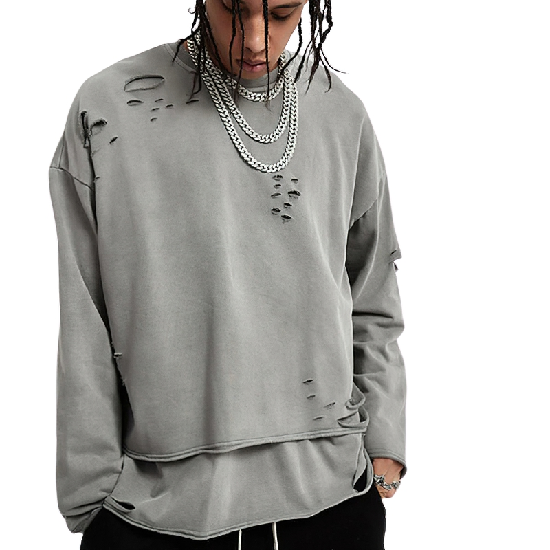 Fashion Loose Ripped Pullover / Men's Solid Color Cotton Sweatshirt / Punk Casual Tops - HARD'N'HEAVY