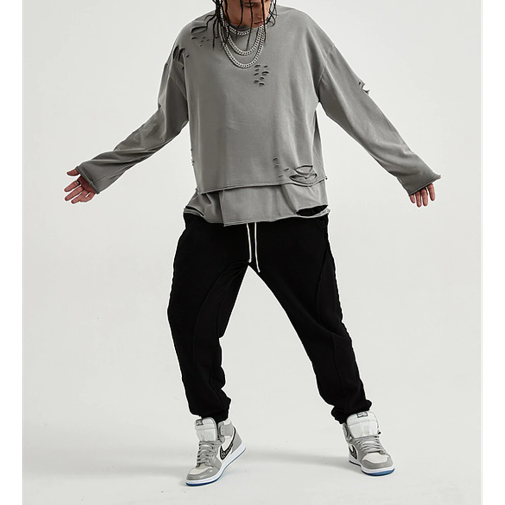 Fashion Loose Ripped Pullover / Men's Solid Color Cotton Sweatshirt / Punk Casual Tops - HARD'N'HEAVY