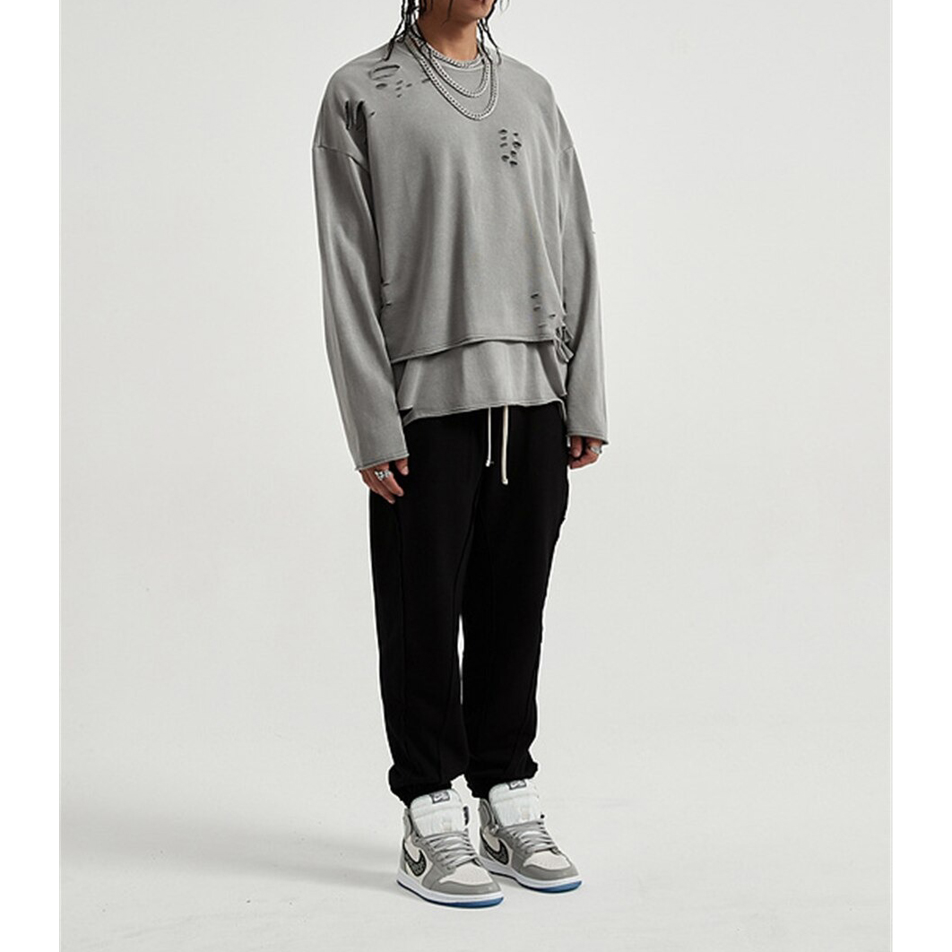 Fashion Loose Ripped Pullover / Men's Solid Color Cotton Sweatshirt / Punk Casual Tops - HARD'N'HEAVY