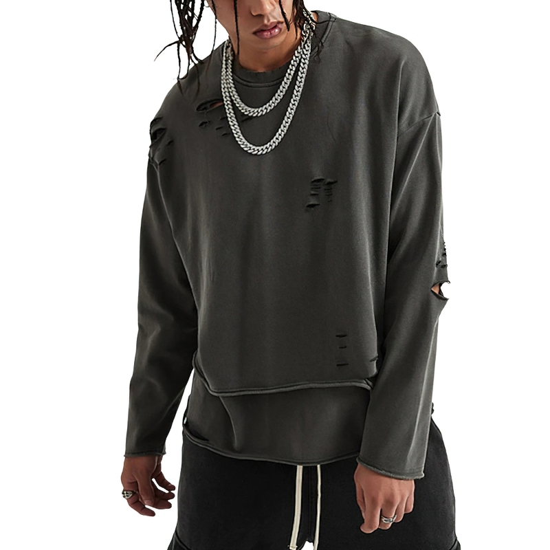 Fashion Loose Ripped Pullover / Men's Solid Color Cotton Sweatshirt / Punk Casual Tops - HARD'N'HEAVY