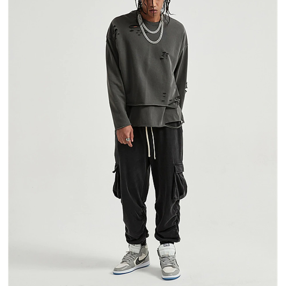 Fashion Loose Ripped Pullover / Men's Solid Color Cotton Sweatshirt / Punk Casual Tops - HARD'N'HEAVY