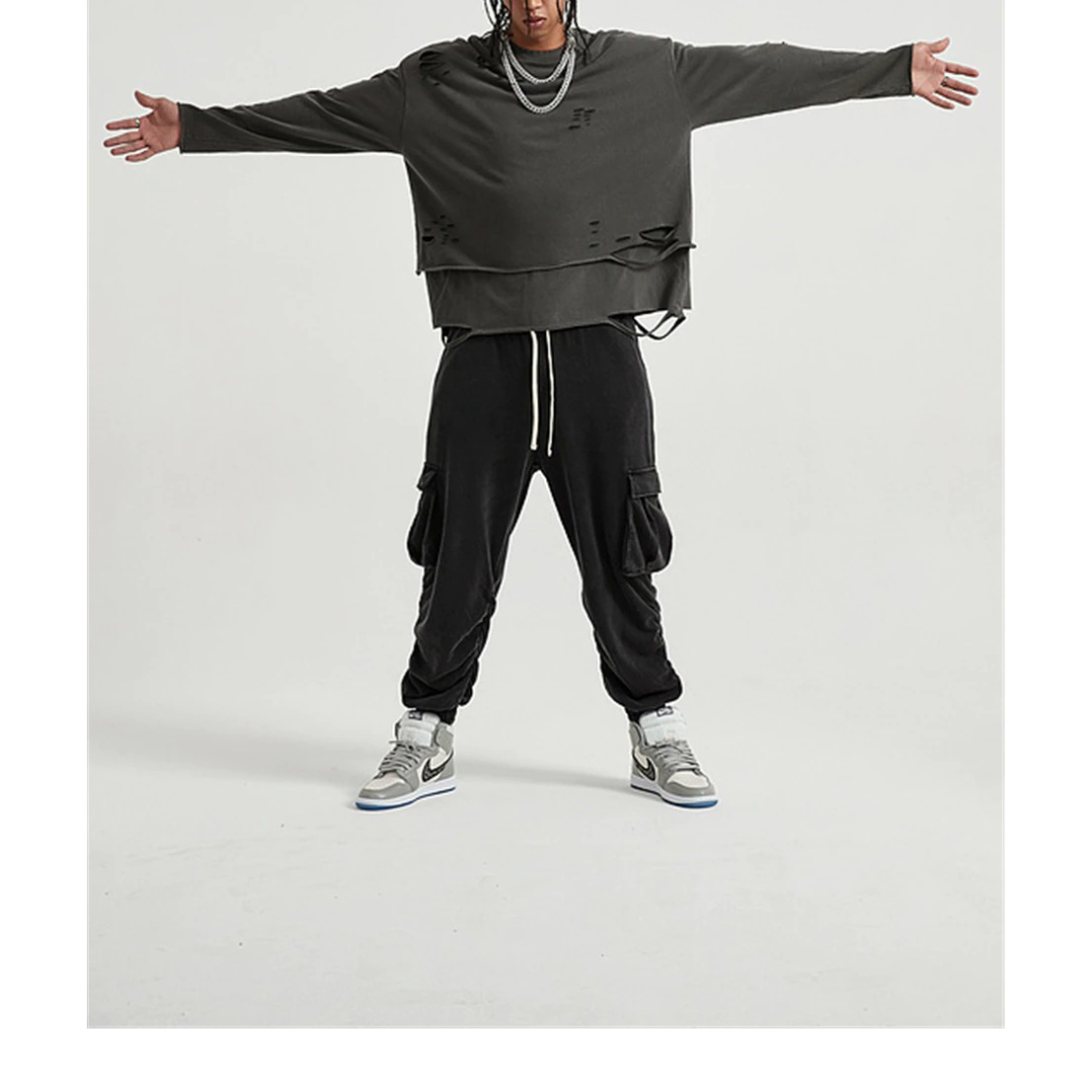 Fashion Loose Ripped Pullover / Men's Solid Color Cotton Sweatshirt / Punk Casual Tops - HARD'N'HEAVY