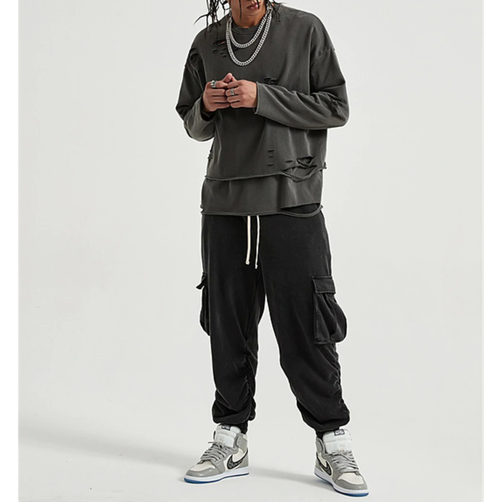 Fashion Loose Ripped Pullover / Men's Solid Color Cotton Sweatshirt / Punk Casual Tops - HARD'N'HEAVY