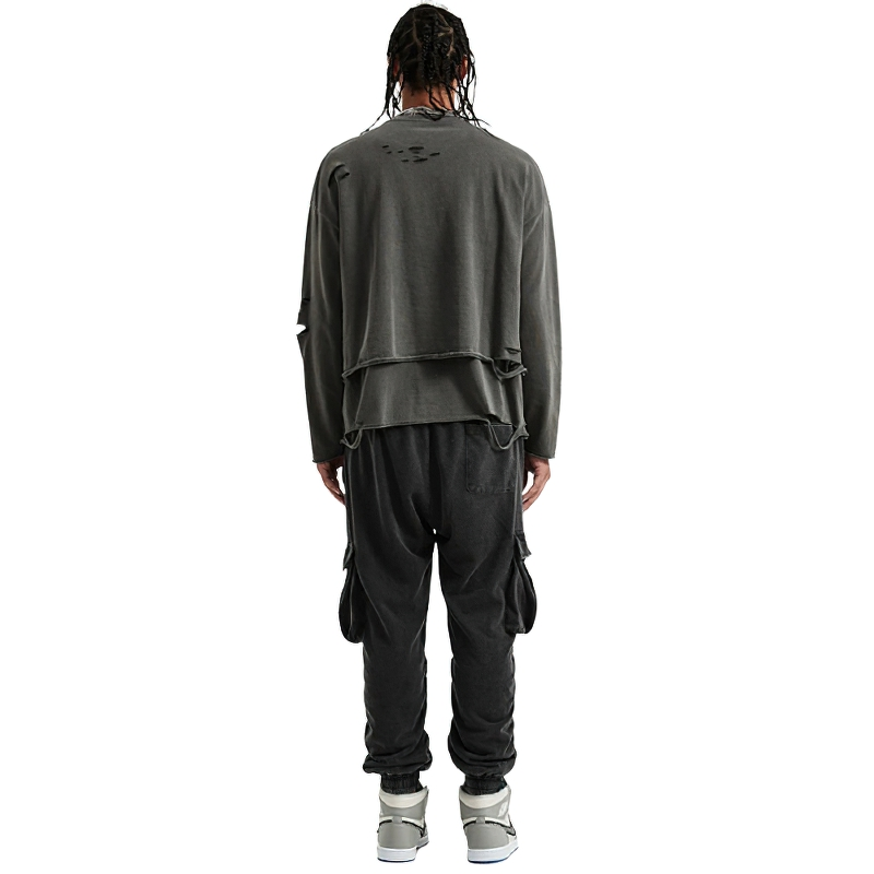 Fashion Loose Ripped Pullover / Men's Solid Color Cotton Sweatshirt / Punk Casual Tops - HARD'N'HEAVY