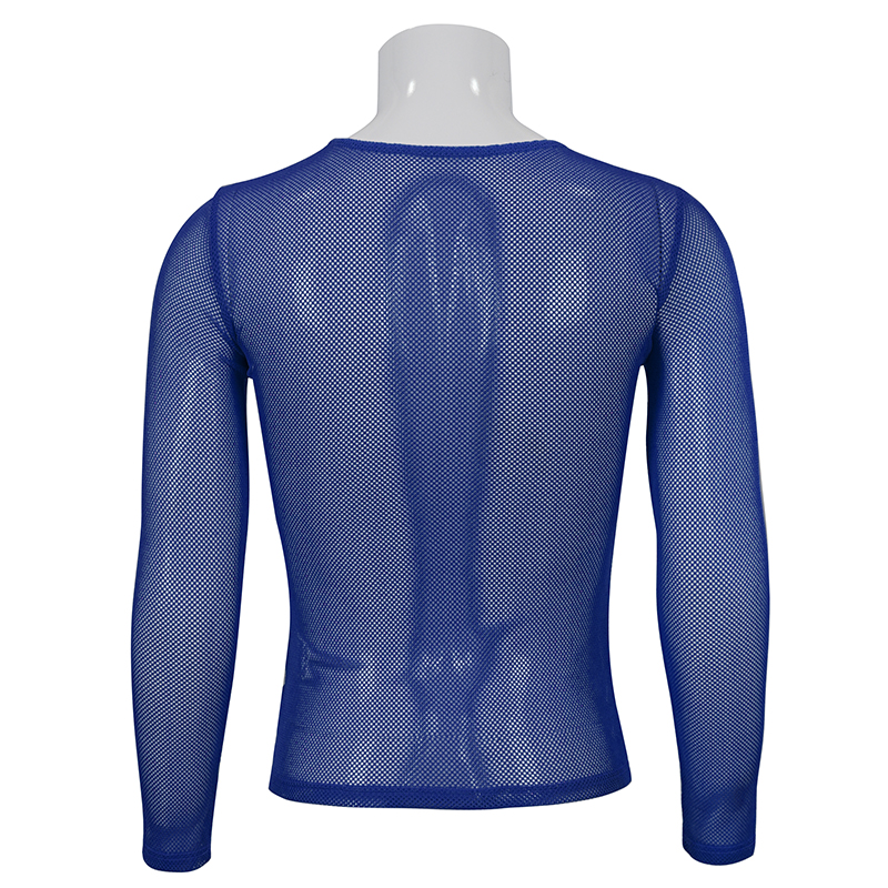 Back view of a blue fluorescent long sleeve mesh top for men, perfect for alternative style clothing.