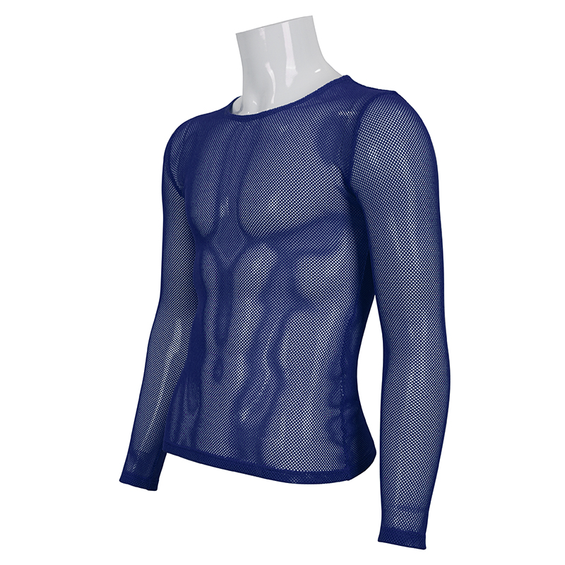 Men's blue fluorescent long sleeve mesh top showcasing alternative style and soft, stretchy fabric.