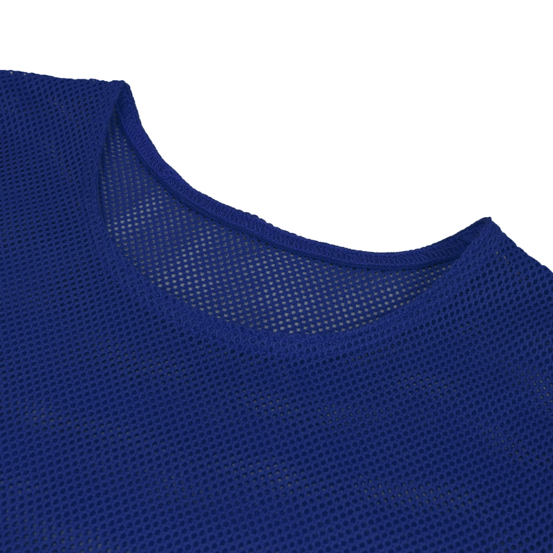 Close-up of a vibrant blue men's long sleeve mesh top with a round neckline, showcasing its soft and stretchy fabric.