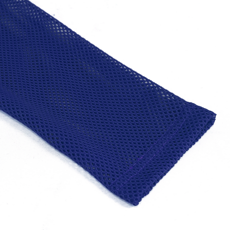 Detail of soft blue mesh fabric featuring a long sleeve from a men's alternative style top.