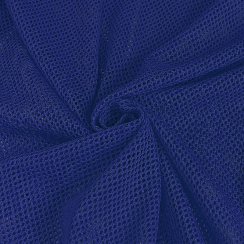 Close-up of bright blue mesh fabric, perfect for a men's long sleeve top with soft, stretchy design.