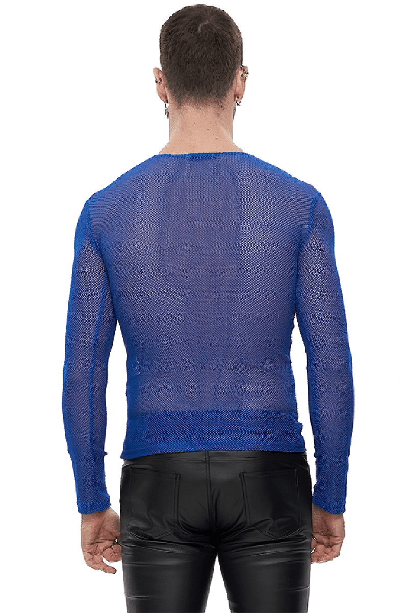 Model showcasing the back view of a men's blue fluorescent long sleeve mesh top, perfect for alternative fashion.