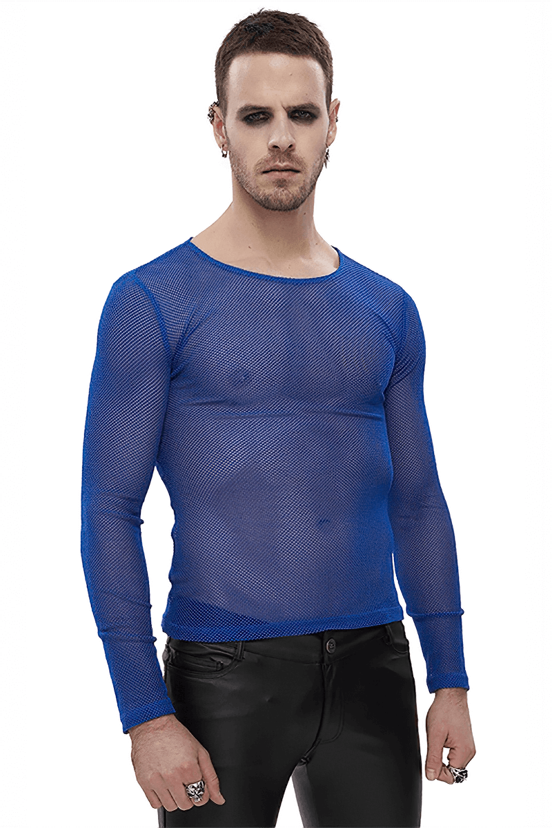 Fashion Male Blue Fluorescent Long Sleeve Mesh Top / Stylish Soft Stretchy Transparent Tops for Men - HARD'N'HEAVY