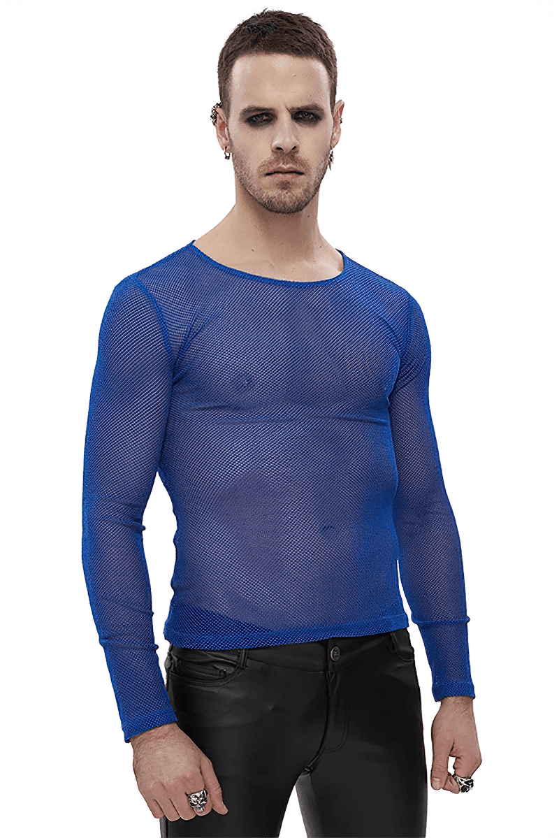 Model showcasing a men's blue long-sleeved mesh top, perfect for alternative fashion styles.