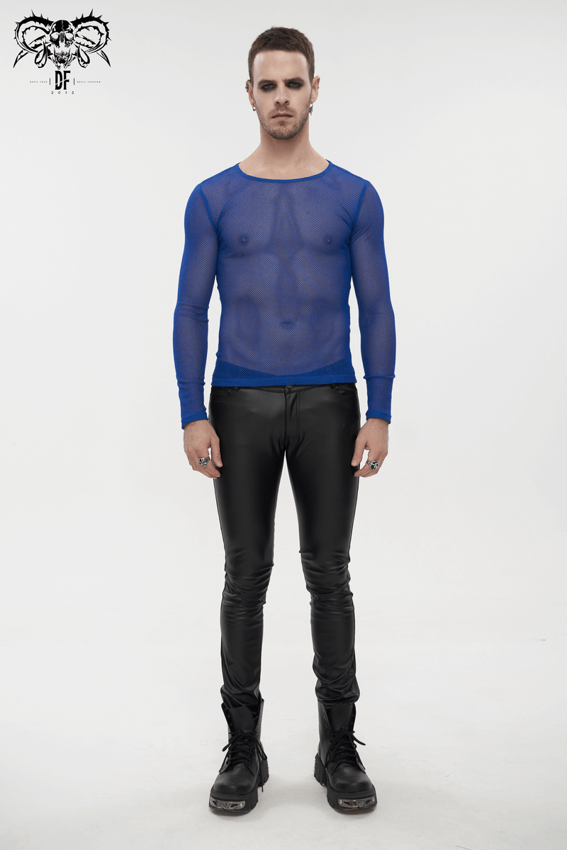 Male model in a blue long-sleeved mesh top paired with black pants, showcasing alternative fashion style.