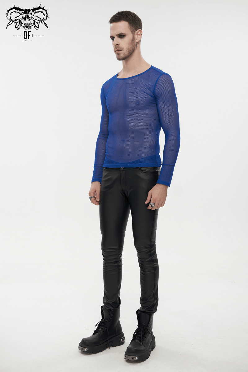 Model wearing a blue fluorescent long sleeve mesh top with black leather pants and boots, showcasing alternative style clothing.