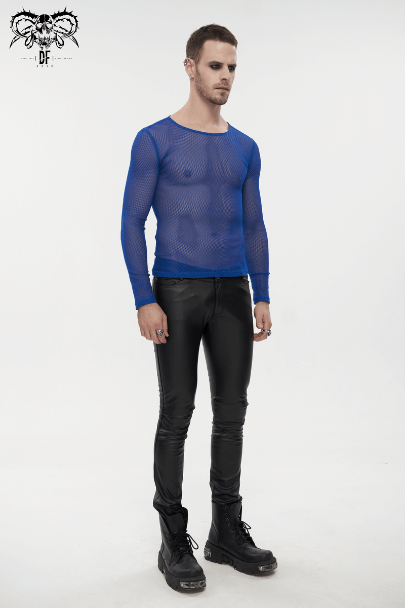 Male model in a blue fluorescent long sleeve mesh top paired with black skinny pants, showcasing alternative fashion style.