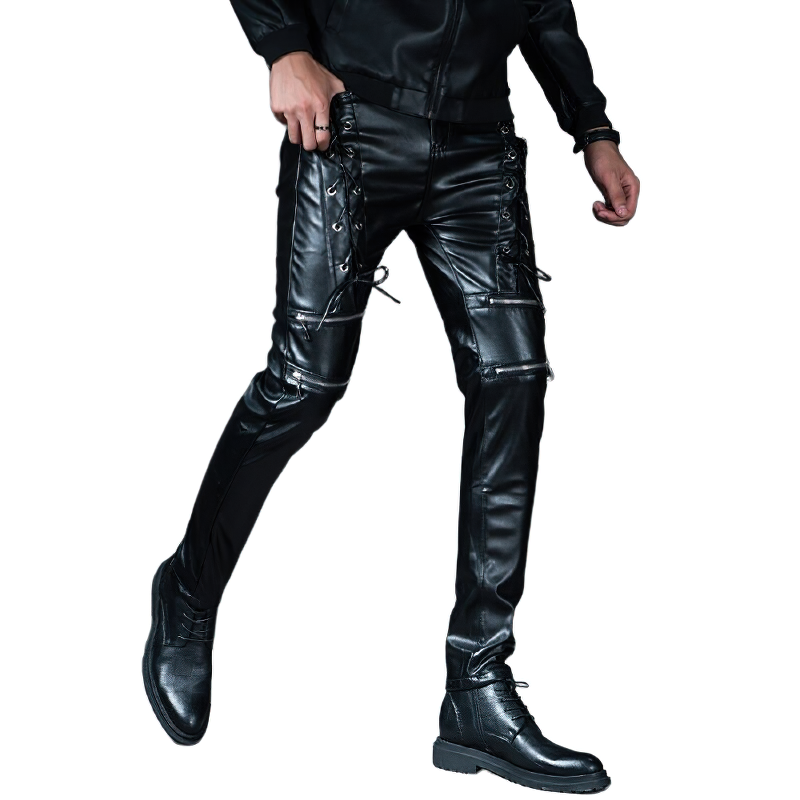 Fashion Male Skinny Biker Faux Leather Pants / Motorcycle Trousers For Men - HARD'N'HEAVY