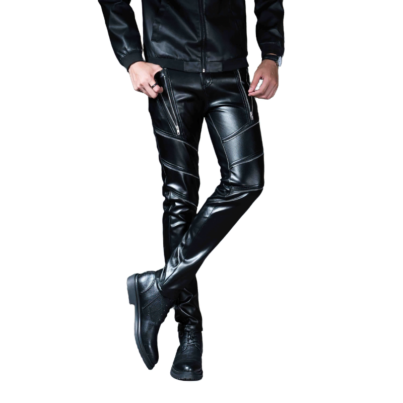 Fashion Male Skinny Biker Faux Leather Pants / Motorcycle Trousers For Men - HARD'N'HEAVY