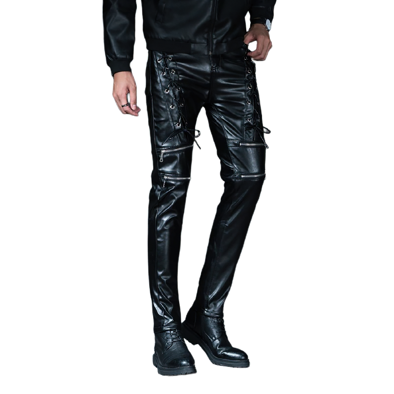 Fashion Male Skinny Biker Faux Leather Pants / Motorcycle Trousers For Men - HARD'N'HEAVY
