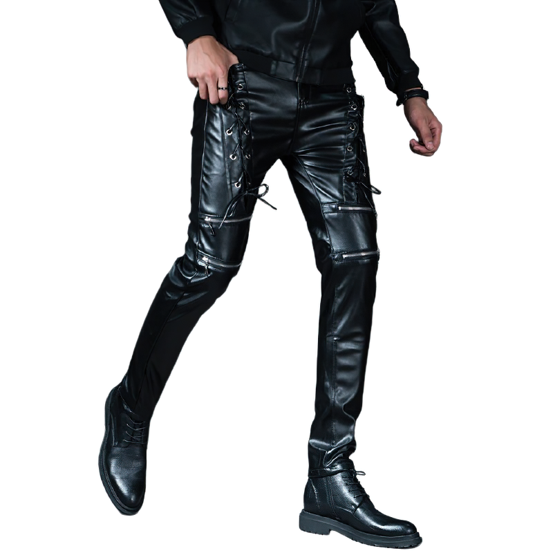 Fashion Male Skinny Biker Faux Leather Pants / Motorcycle Trousers For Men - HARD'N'HEAVY