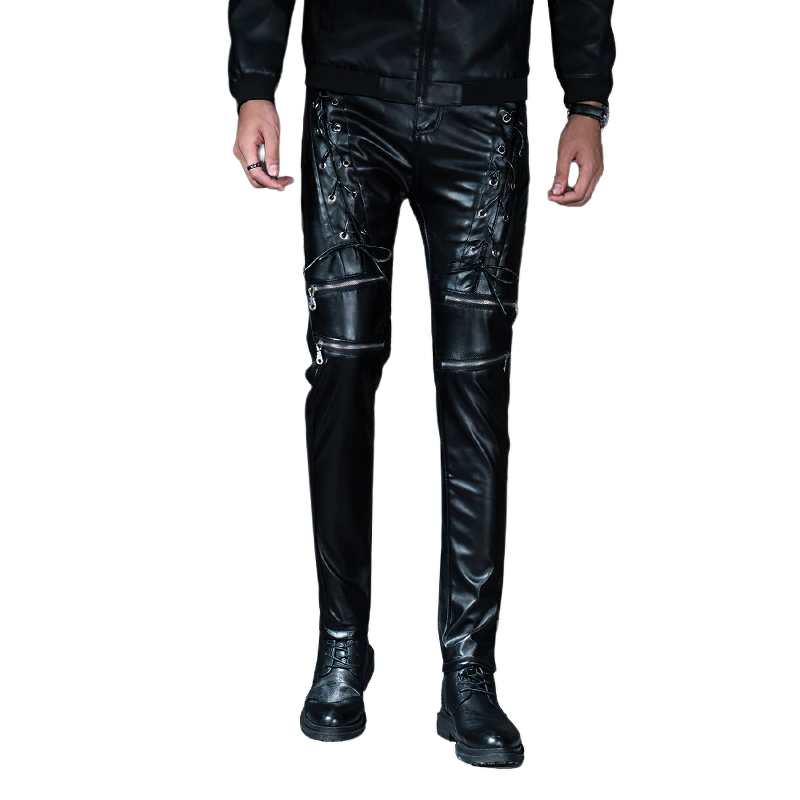 Fashion Male Skinny Biker Faux Leather Pants / Motorcycle Trousers For Men - HARD'N'HEAVY