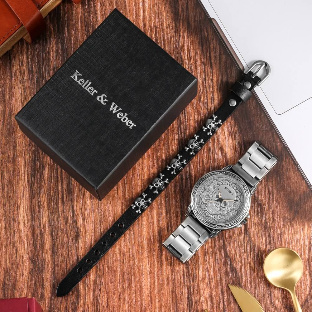 Fashion Male Stainless Steel Watch with Skull Bracelet / Gothic Wristwatches for Men - HARD'N'HEAVY