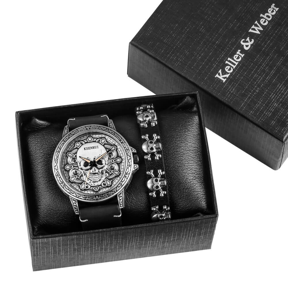 Fashion Male Stainless Steel Watch with Skull Bracelet / Gothic Wristwatches for Men - HARD'N'HEAVY