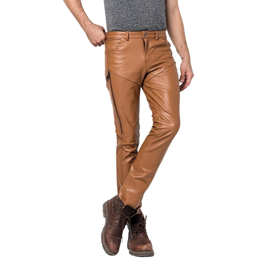 Men's casual skinny leather pants with zippers, showcasing trendy fashion for stylish looks.