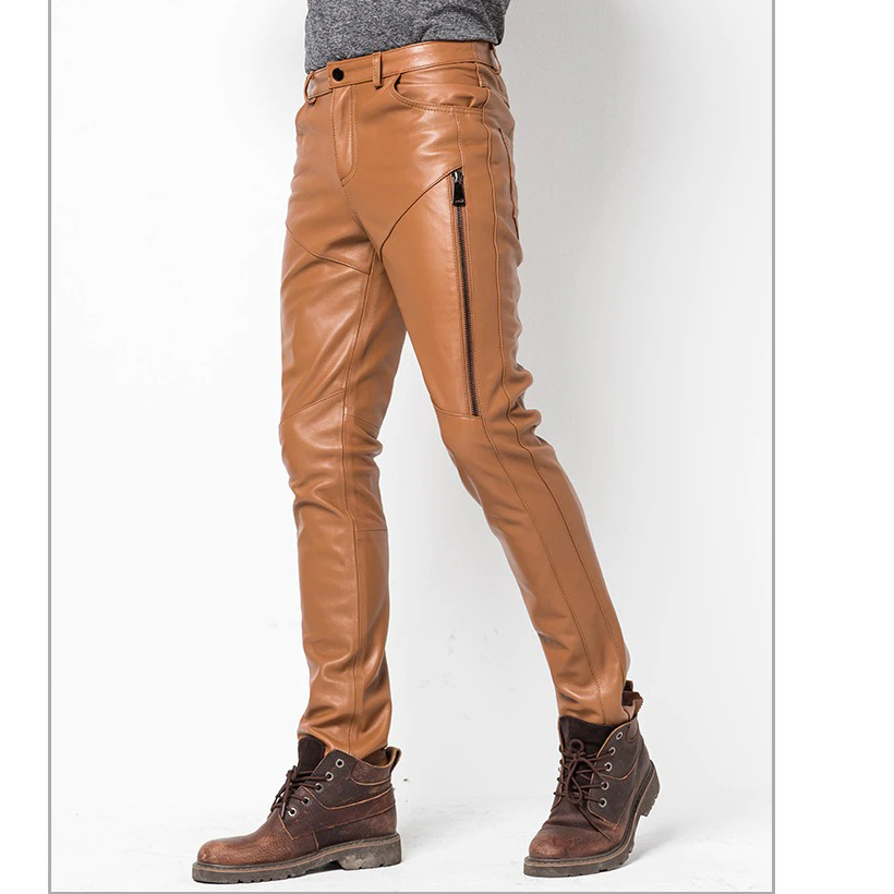 Stylish men's casual skinny leather pants in brown with zipper detail, perfect for trendy outfits.