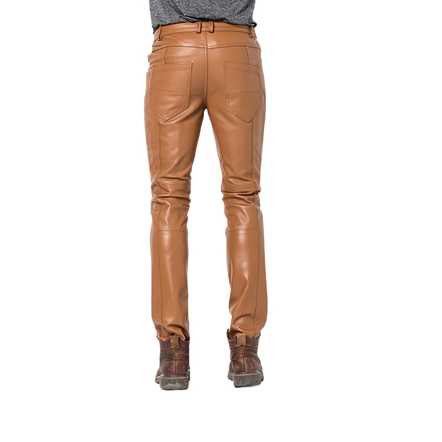 Fashion men's casual skinny leather pants with zippers, showcasing a stylish brown design from the back.