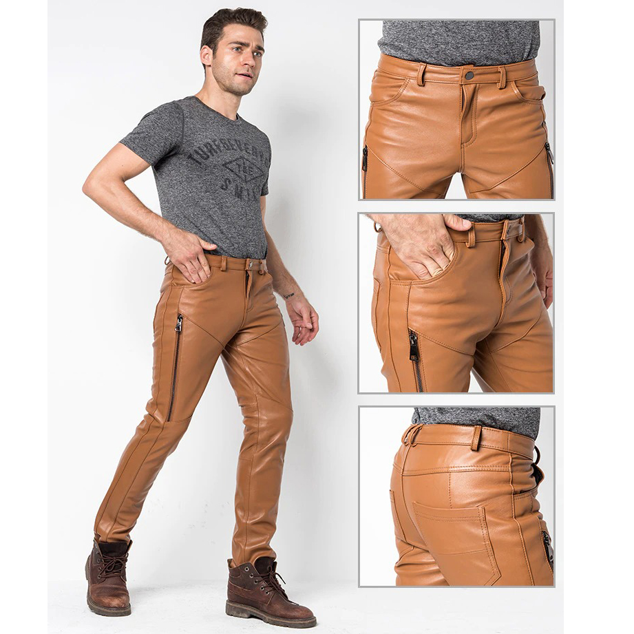 Stylish man in casual skinny leather motorcycle pants with zippers, showcasing trendy fashion details.