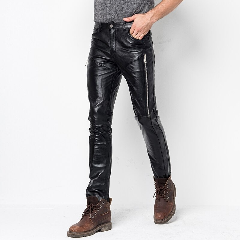 Men's casual skinny leather pants with zipper detail, perfect for stylish everyday looks and motorcycle fashion.