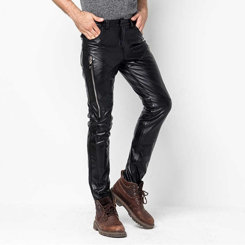 Fashion men's casual skinny leather pants with zippers, perfect for trendy and stylish looks.