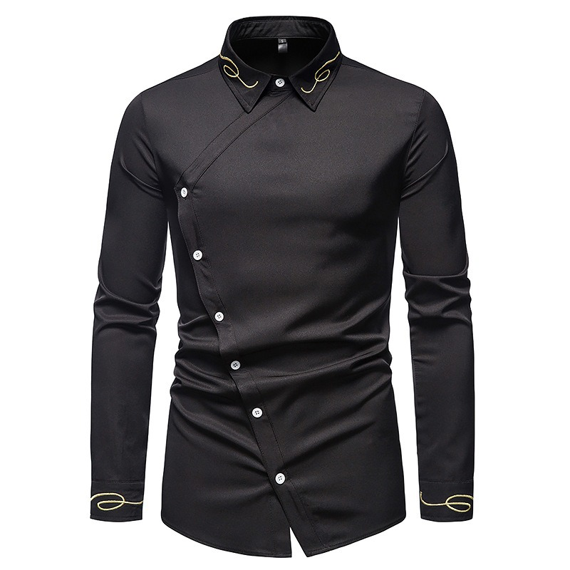 Fashion Men's Embroidered Asymmetric Long-sleeved Shirt / Male Cotton Shirts on Buttons - HARD'N'HEAVY
