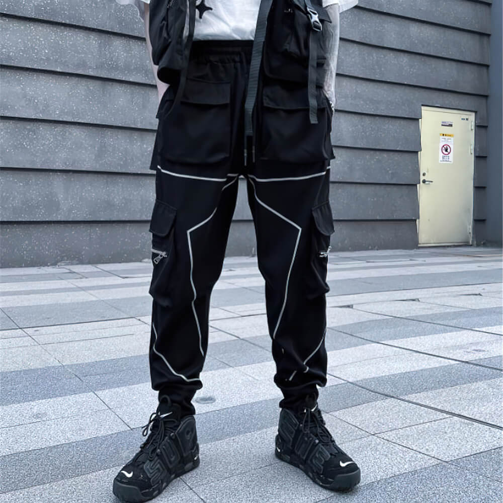 Men's patchwork cargo trousers with pockets, elastic waistband, and edgy style for alternative fashion.