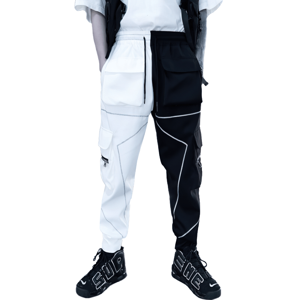 Fashion men's patchwork cargo pants with pockets in white and black, featuring an elastic waist for comfort.